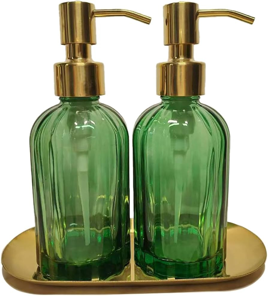 2PCS Soap Dispenser Set with Stainless Steel Tray, Thickened High-Gloss Green Glass Bottle and Go... | Amazon (US)