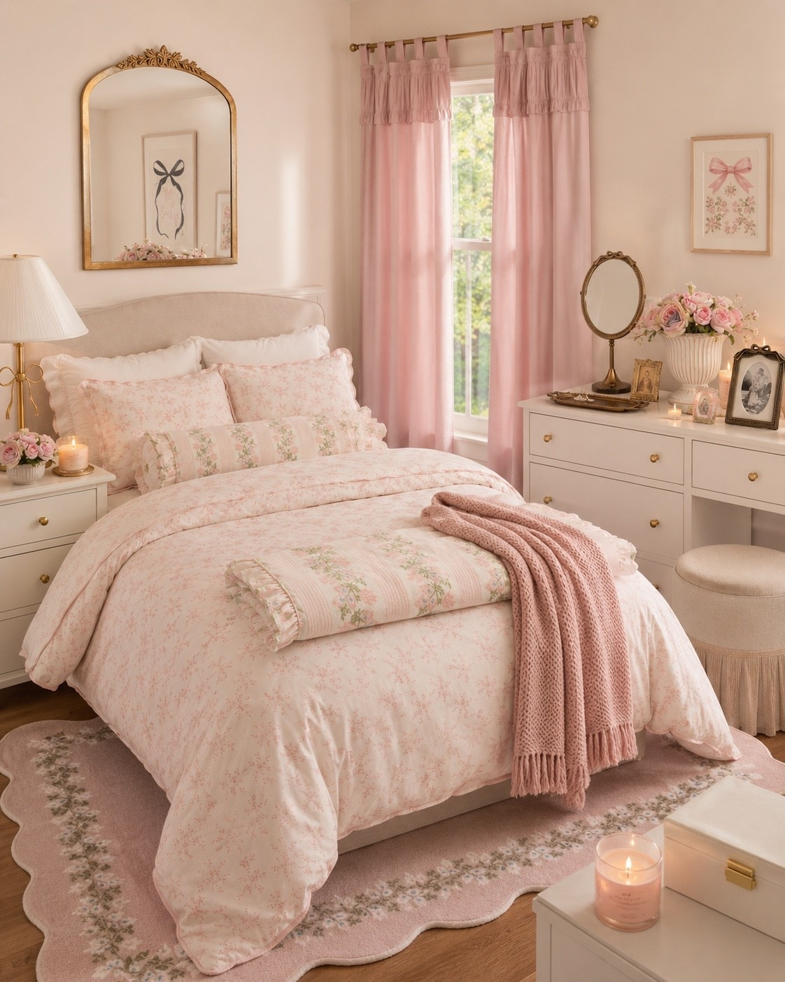 A girly bedroom refresh with all the romantic little details 🎀 Soft pink floral bedding, scalloped rugs, antique gold accents, bow details, a vintage-inspired mirror, cozy throws, and the prettiest vanity pieces — all giving LoveShackFancy-inspired style on a Target budget. Perfect for creating a feminine bedroom with blush pink decor, cottage-inspired bedding, floral home accents, and a soft romantic feel.

#LTKHome #LTKSaleAlert