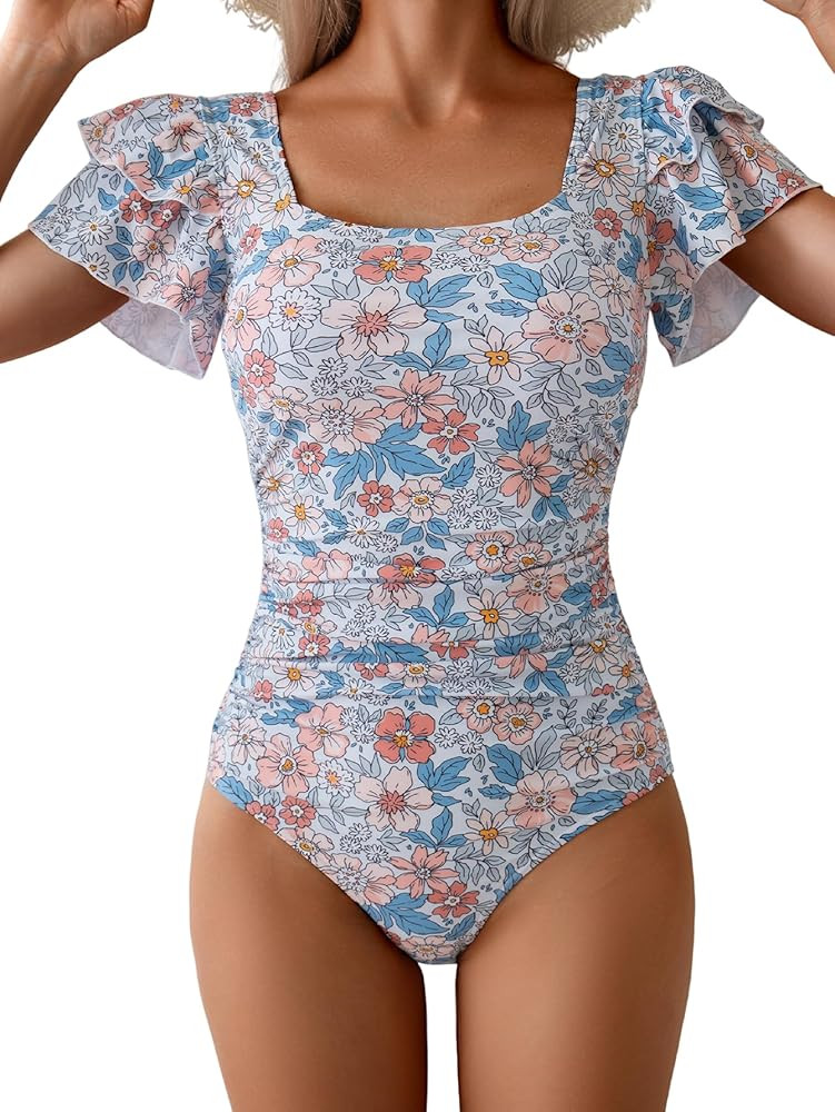 Eomenie Women's Tummy Control One Piece Swimsuit Ruffle Square Neck Bathing Suit Ruched Cutout Ba... | Amazon (US)