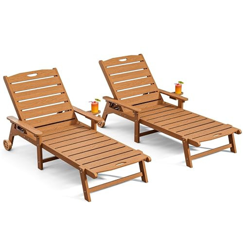 LegacyAmerhome Outdoor Lounge Chair Set of 2 with 5-Position Adjustable, Outside Lounge Chair with Cup Holder, Wheels for Easy Mobility, HDPE Tanning Chair for Poolside, Patio, Brown | Amazon (US)