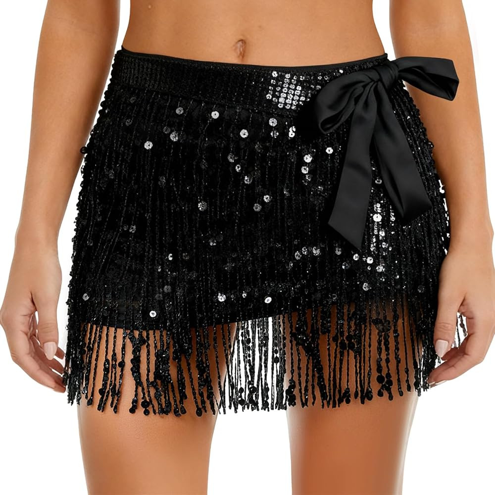 Wome's Sequin Fringe Mini Skirt, Sparkly Tassel Hip Scarf Wrap | Amazon (US)