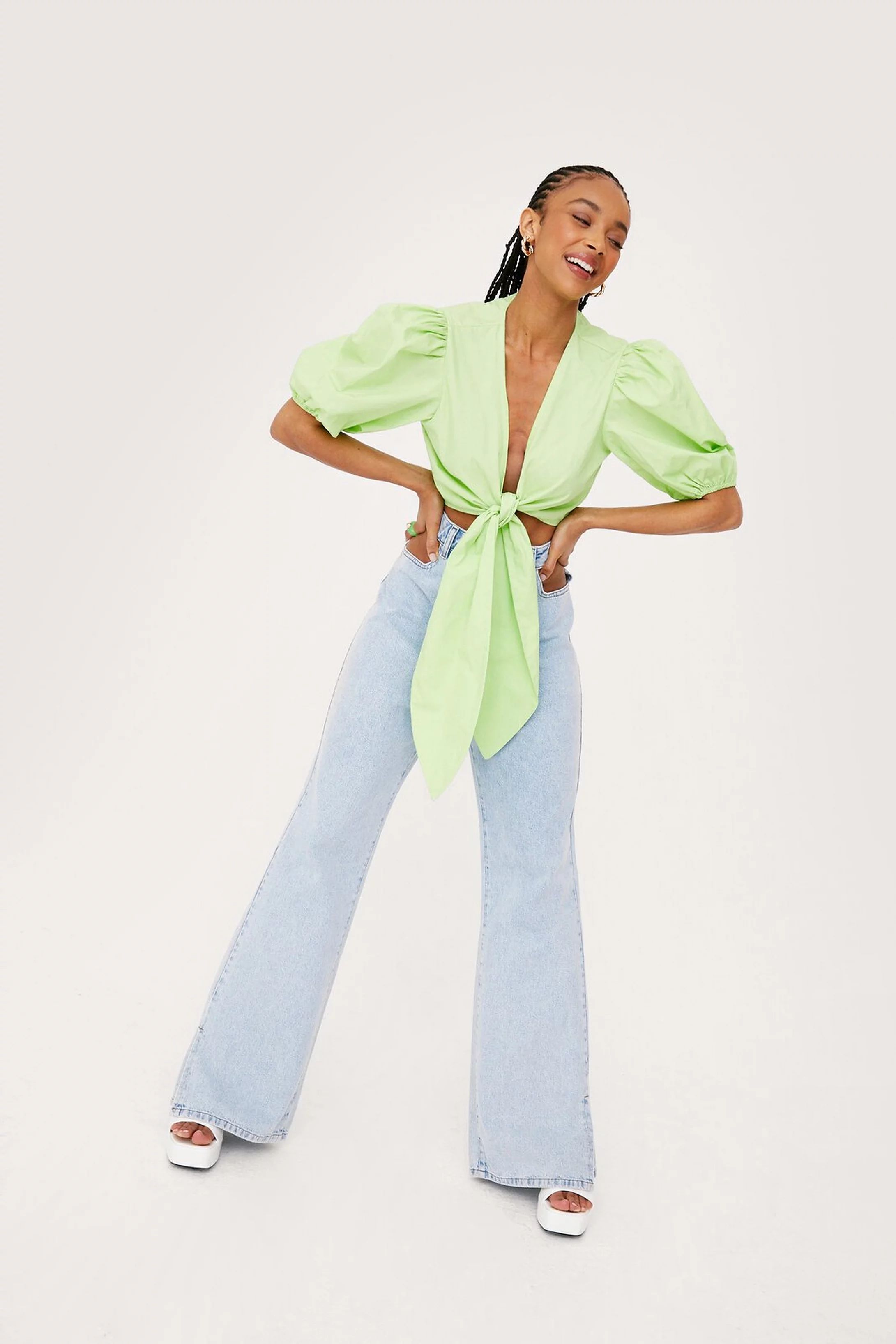 Puff Sleeve Bow Tie Cropped Blouse | Nasty Gal (US)