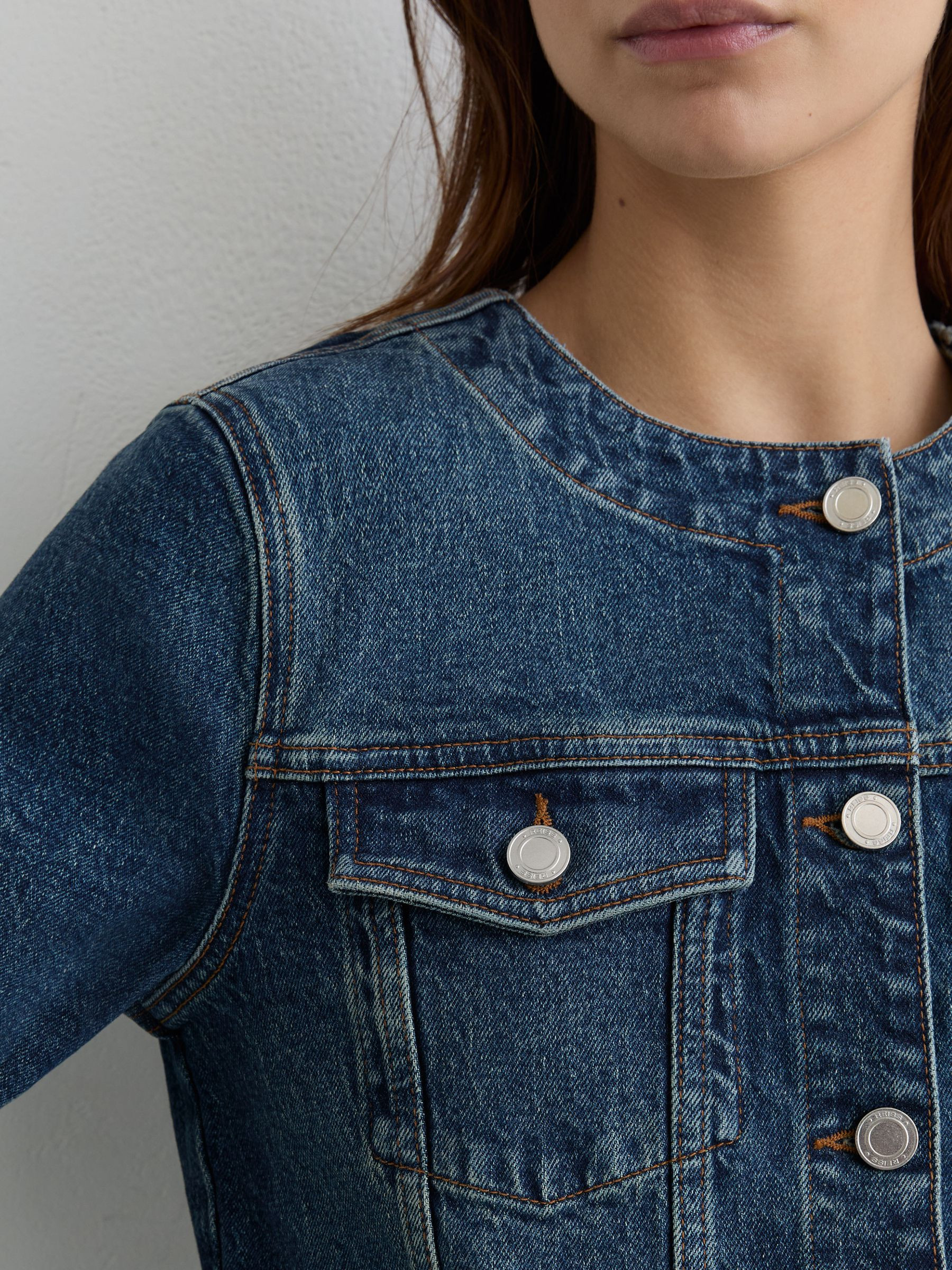 Reiss Collarless Cropped Jacket in Mid Blue | REISS | Reiss US