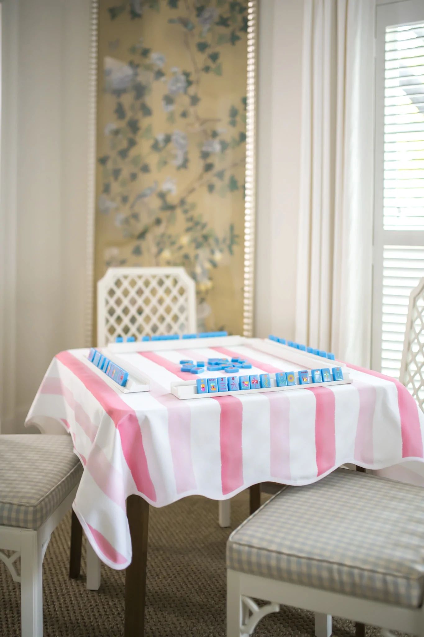 Scalloped Square Table Topper - Brushstroke Stripe, Pink | Fenwick Fields, LLC