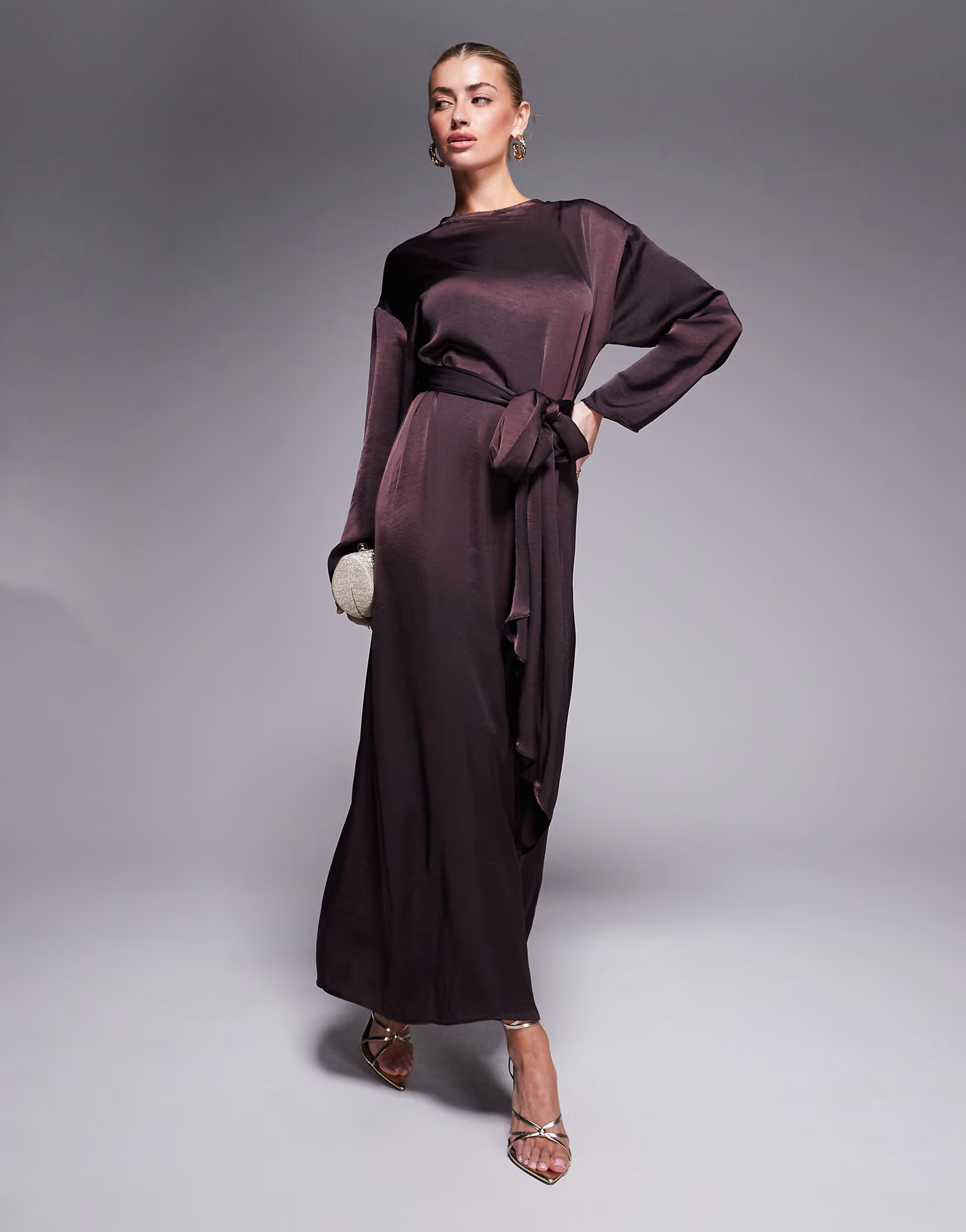ASOS DESIGN satin long sleeved tie detail maxi dress in chocolate | ASOS | ASOS (Global)