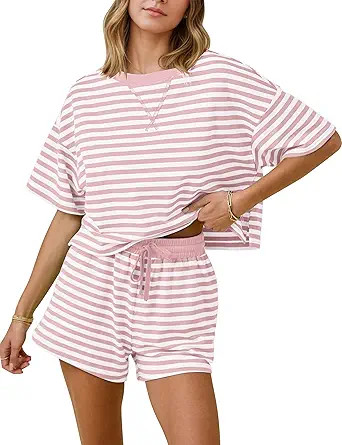 MISSACTIVER Womens Lounge 2 Piece Sets Summer Striped Matching Pajamas Set Short Sleeve Oversized... | Amazon (US)