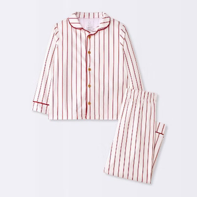 Toddler Girls' 2pc Striped Long Sleeve Brushed Jersey Coat Pajama Set - Cloud Island™ Cream/Red... | Target