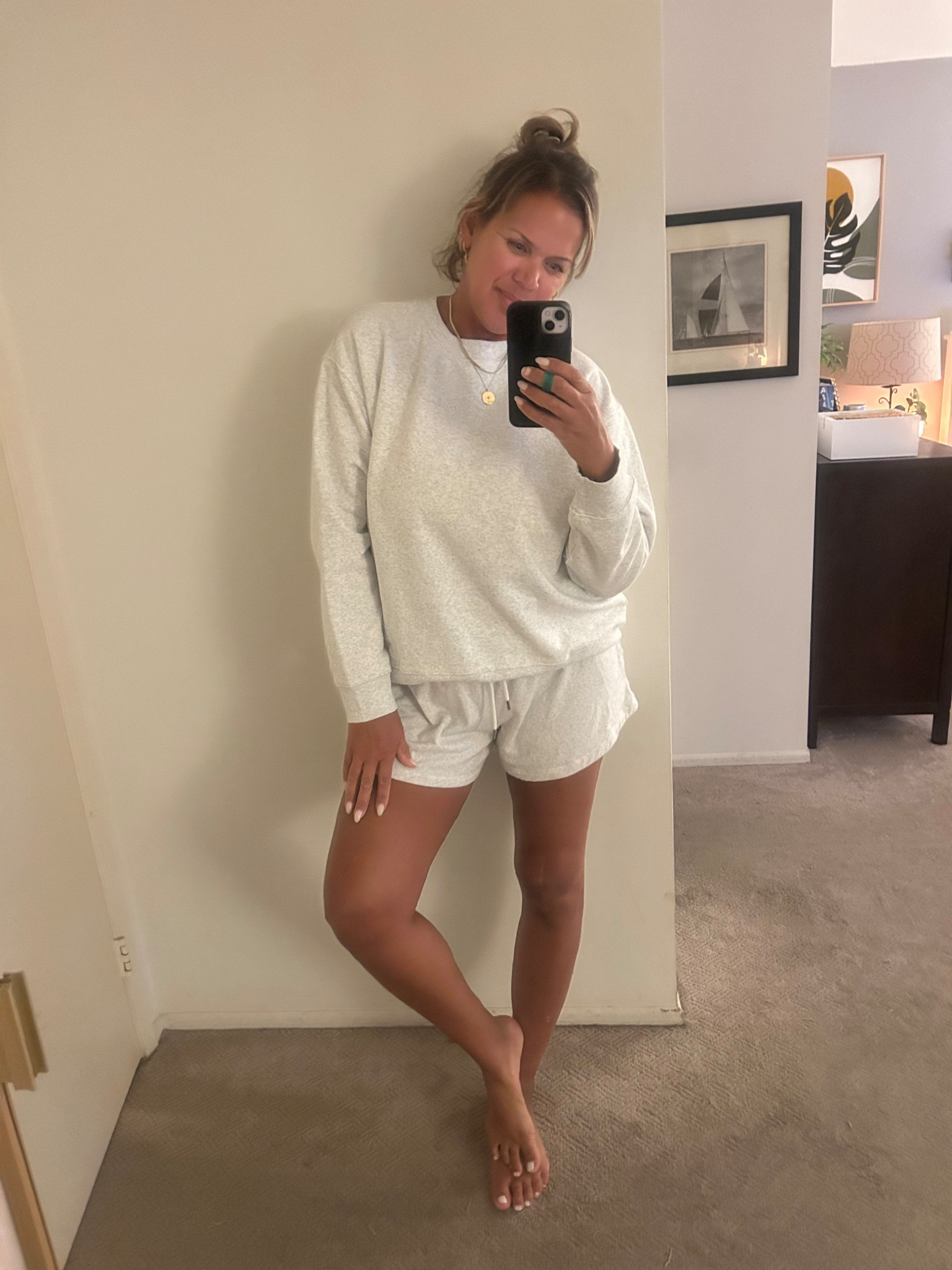 Cozy sweat set from Target.🎯 I sized up to an XL in the sweatshirt for a loose, comfy look and sized down to a medium in the shorts. 

#LTKActive #LTKFindsUnder50 #LTKOver40