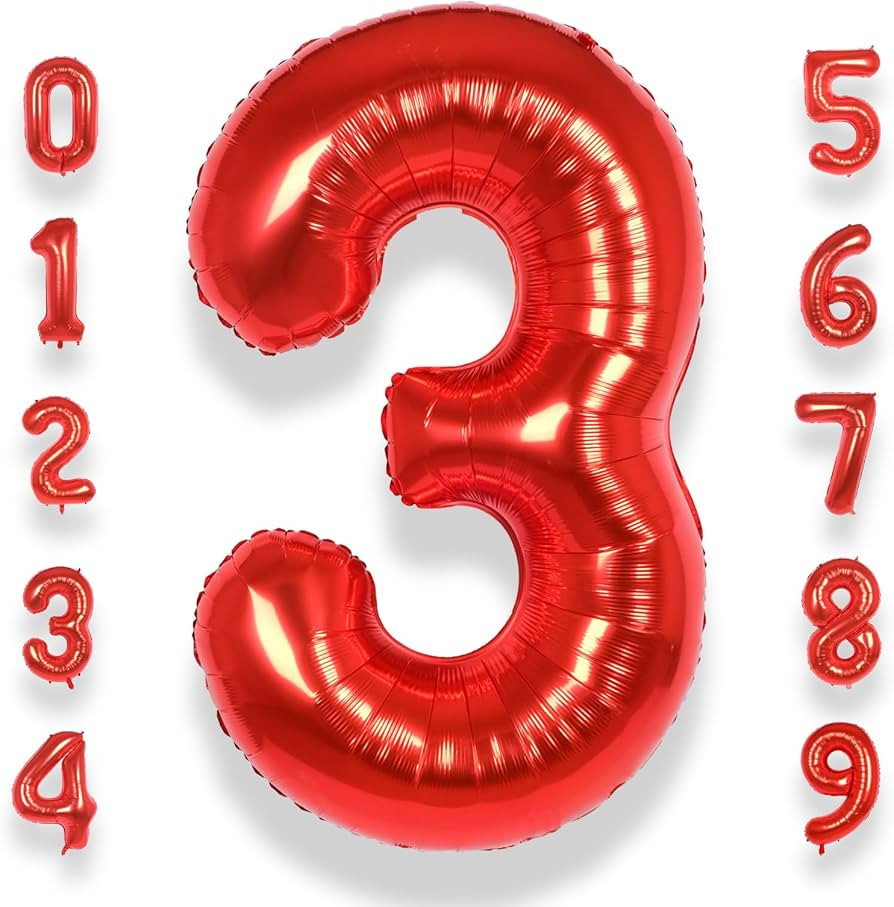 AULE 40 Inch Big Red 3 Balloon Number Large Foil Helium Number Balloons 0-9 Jumbo Giant Happy 3rd... | Amazon (US)