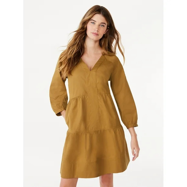 Free Assembly Women's Tiered Mini Dress with Long Sleeves, Sizes XS-XXL | Walmart (US)