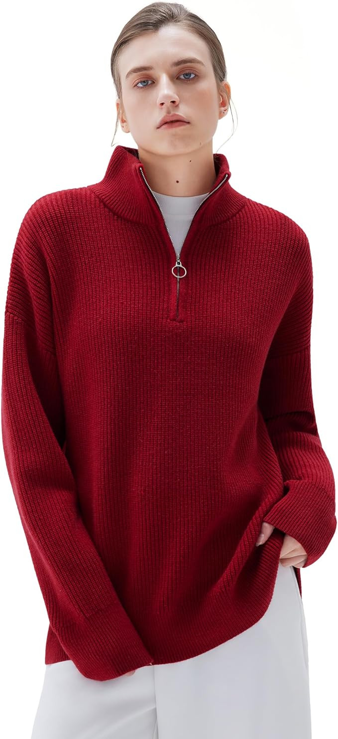 SUUKSESS Women Cashmere Oversized Quarter Zip Pullover Sweater Long Sleeve Collared Ribbed Knit J... | Amazon (US)