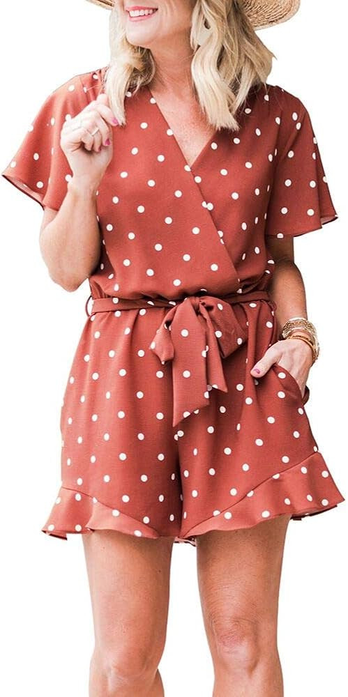 Womens Summer Loose V Neck Ruffles Sleeve Short Jumpsuit Rompers | Amazon (US)