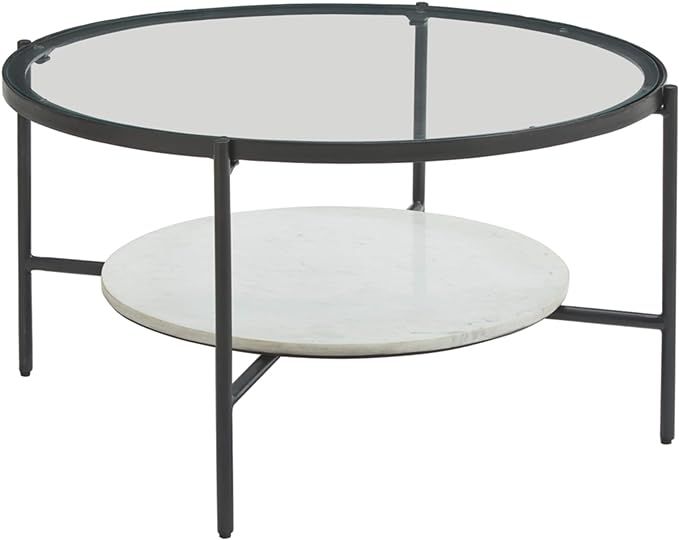 Signature Design by Ashley - Zalany Round Cocktail Table w/ Fixed Shelf, Black/White Marble | Amazon (US)