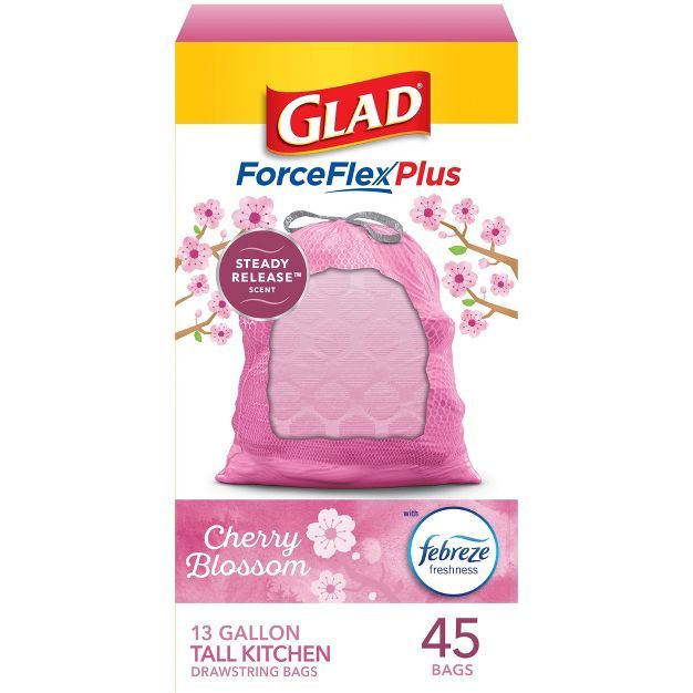 Glad ForceFlexPlus Tall Kitchen Drawstring Pink Trash Bags - Cherry Blossom - 13 Gallon | Target