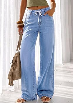 PRETTYGARDEN Womens Wide Leg Jeans High Waisted Stretchy Baggy Straight Leg Drawstring Trendy Den... | Amazon (US)