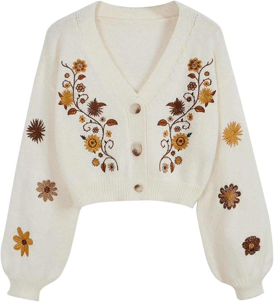GORGLITTER Women's V Neck Floral Embroidered Cardigan Sweaters Lantern Sleeve Button Down Cropped... | Amazon (US)