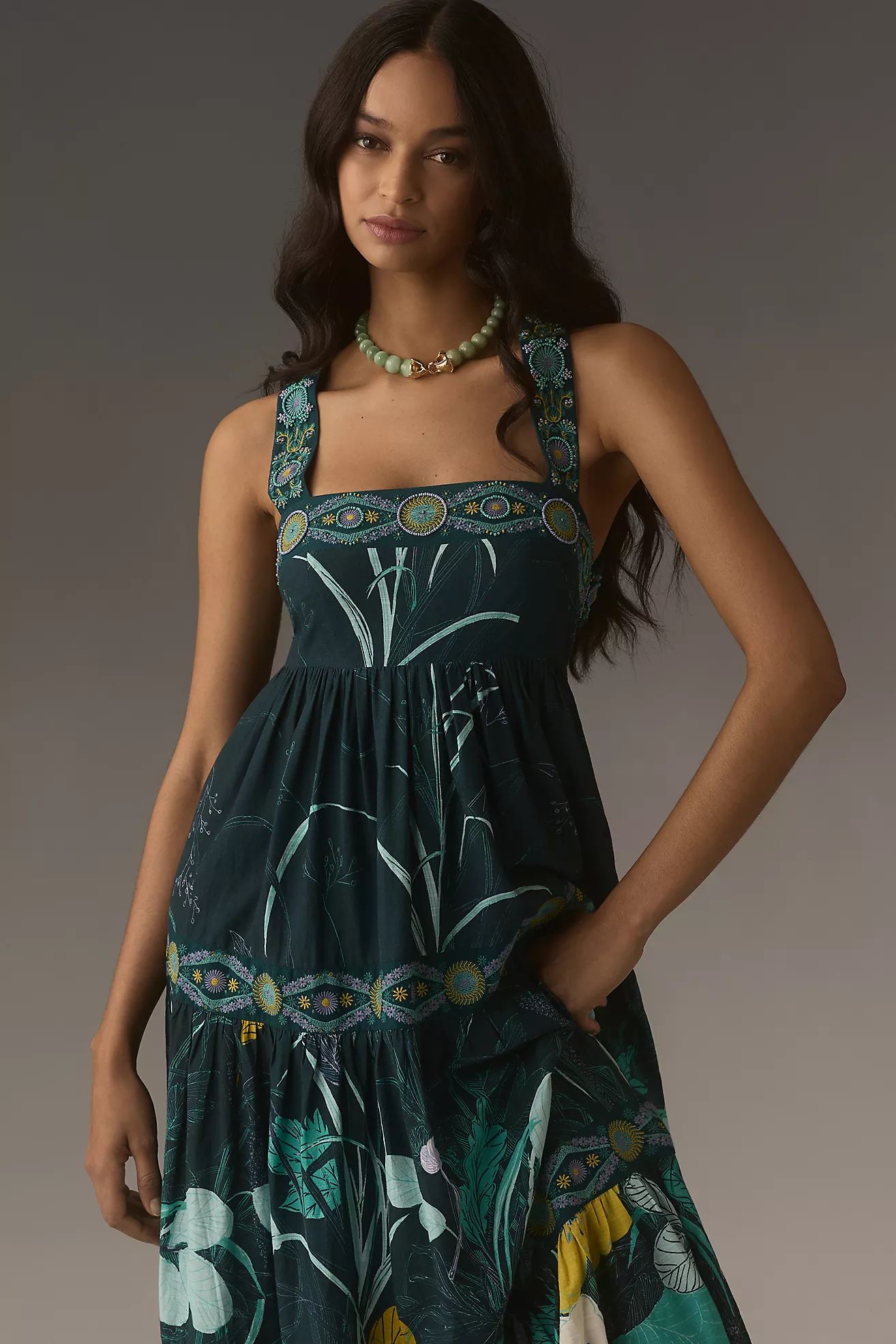 By Anthropologie Square-Neck Embellished Midi Dress | Anthropologie (US)