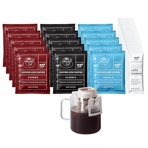 Copper Cow Coffee Vietnamese Pour Over Coffee with Sweetened Condensed Milk Creamer – Single-Serve and All-Natural Pre-Filled Coffee Filters – Classic, Vanilla, Churro Latte Flavors (15 Pack) | Amazon (US)