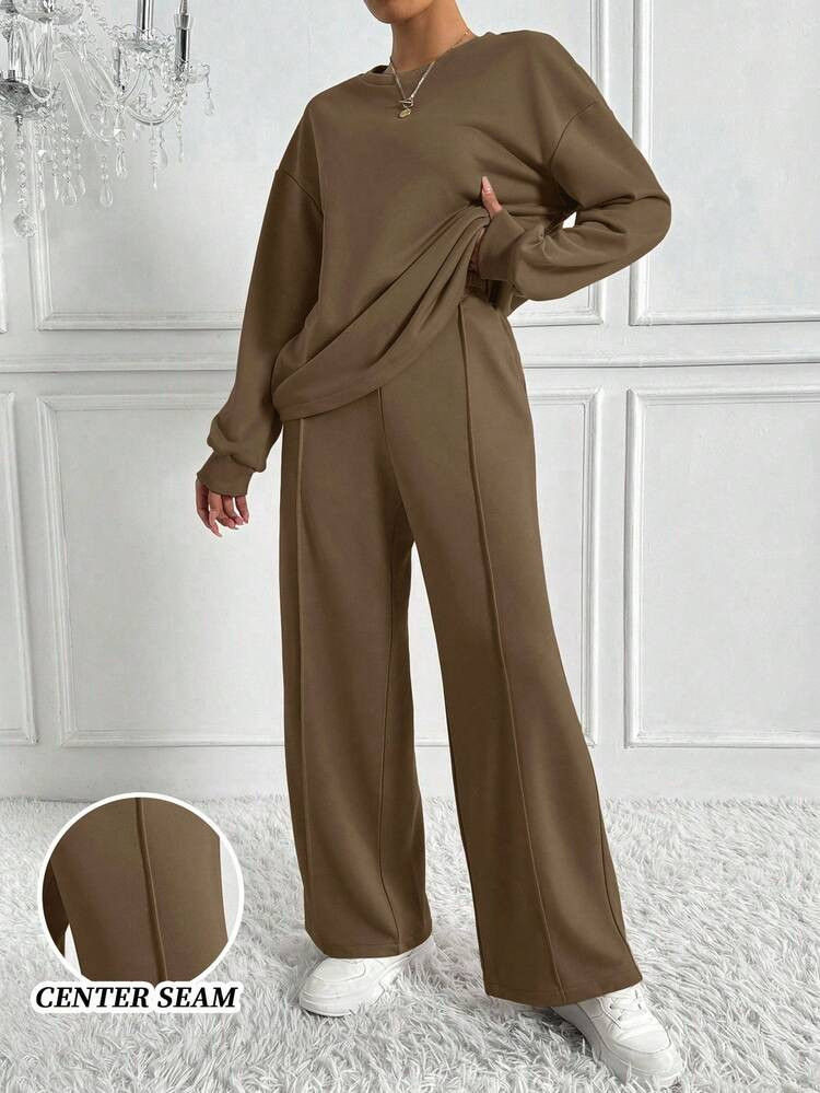 Zielony 2pcs Women Casual Long Sleeve Top And Loose Pants Set Two Piece Set Women Comfy Brown Lounge Set Comfortable Two Piece Set | SHEIN