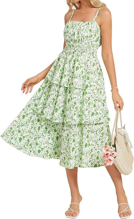 GRACE KARIN Women Summer Maxi Dress Floral Sleeveless Smocked Tiered Ruffle Spaghetti Strap Boho ... | Amazon (US)