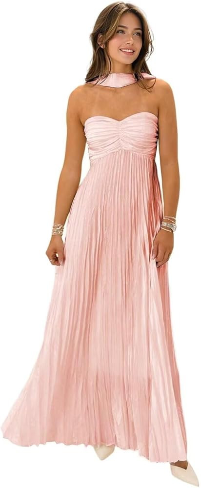 Women's Strapless Chiffon Bridesmaid Dresses with Scarf Long A-Line Pleated Formal Evening Dress ... | Amazon (US)