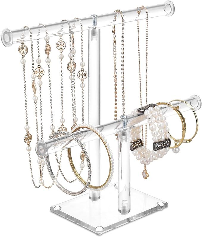 MOOCA Deluxe Clear Acrylic Jewelry Organizer, 2 Tier T-Bar Bracelet Holder, Acrylic Necklace Hold... | Amazon (US)