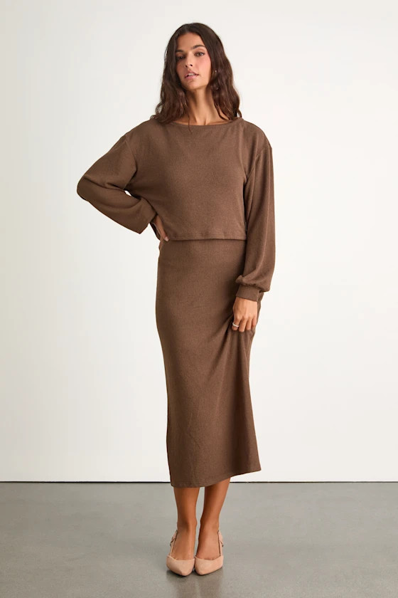 Marvelous Match Brown Knit Two-Piece Midi Dress & Sweater Set | Lulus
