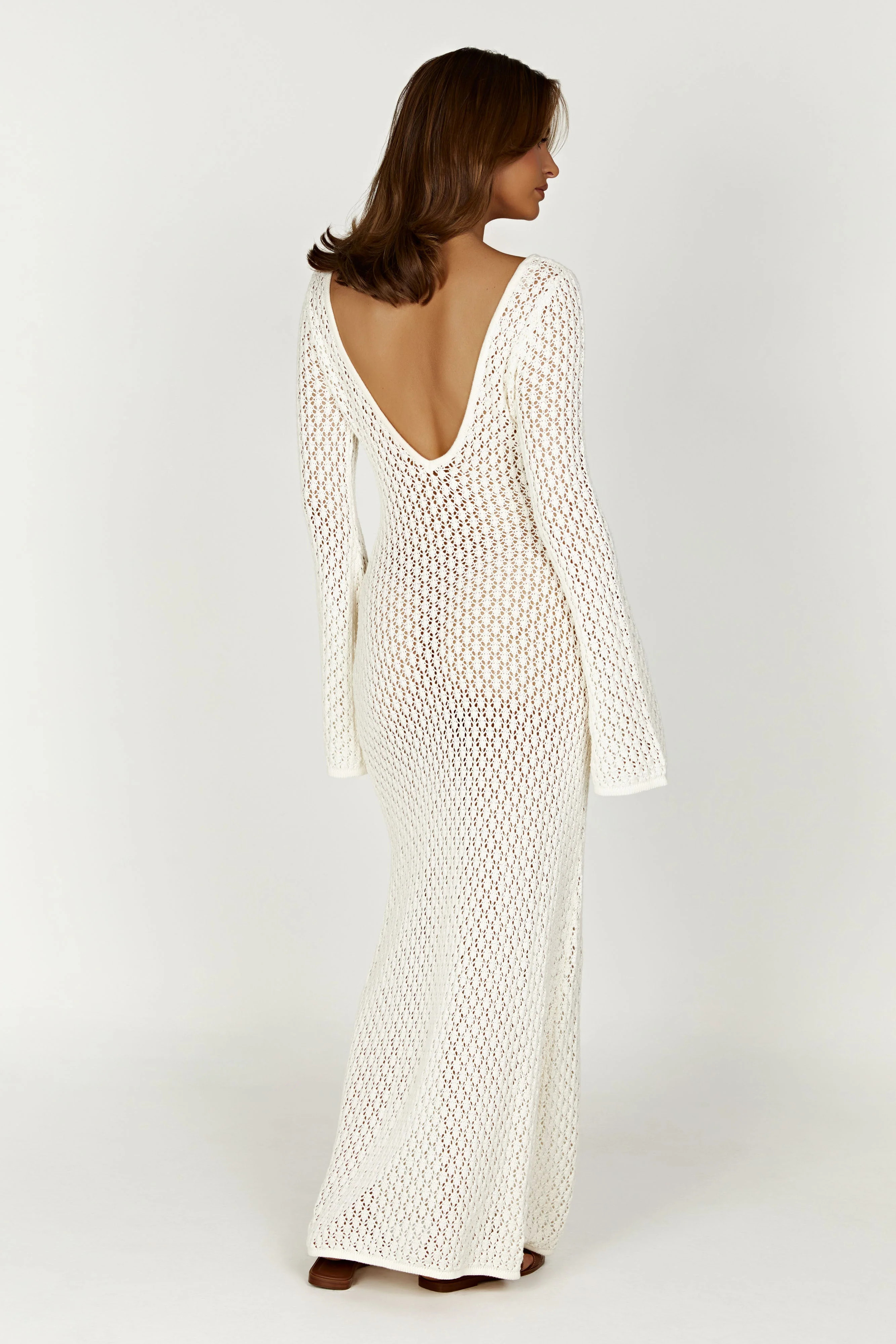 Kayleigh Crochet Fishtail Flare Sleeve Dress - White | Meshki (APAC)