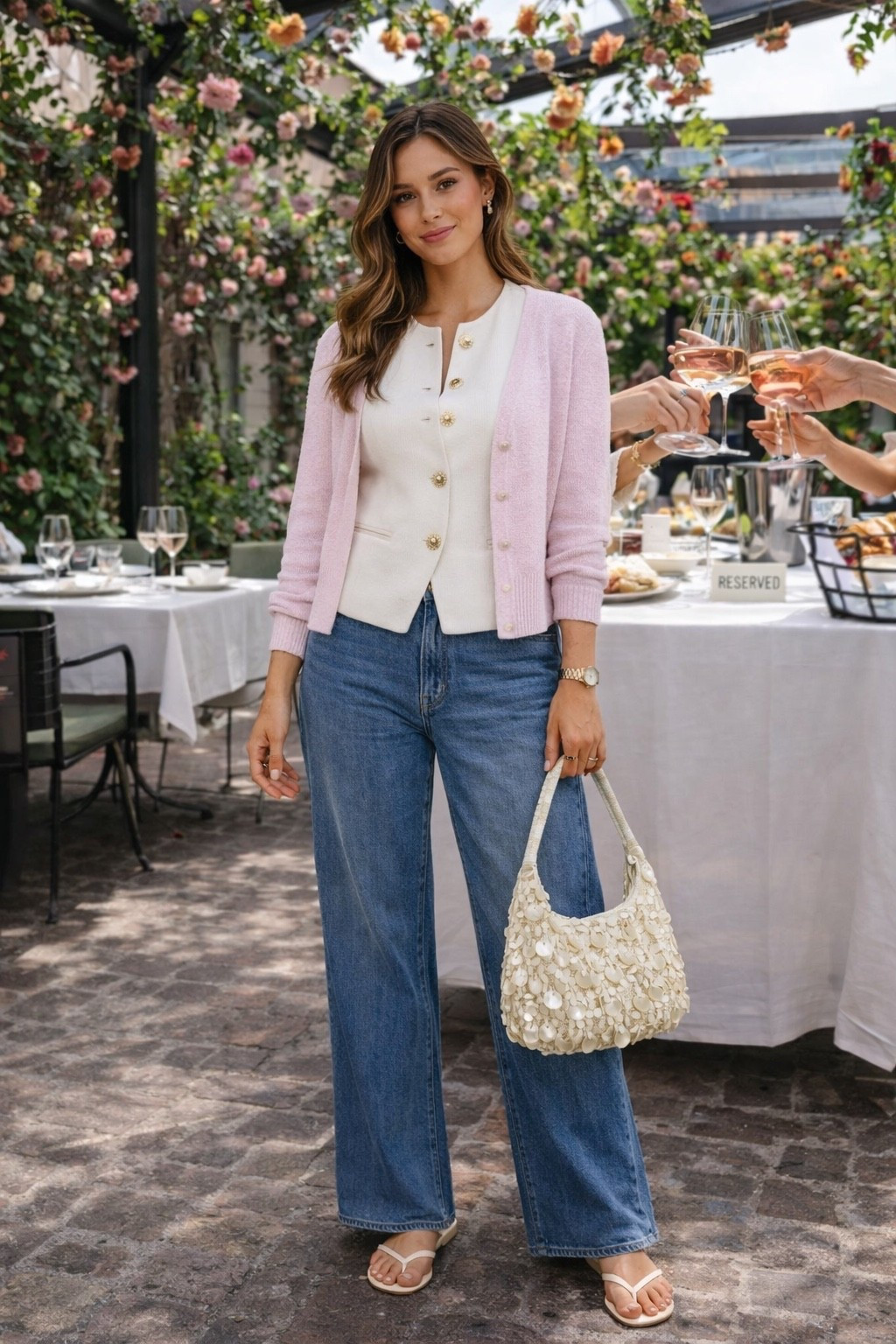Pink cardigan white vest top blue jeans 

#LTKspring #LTKsummer #LTKstyletip