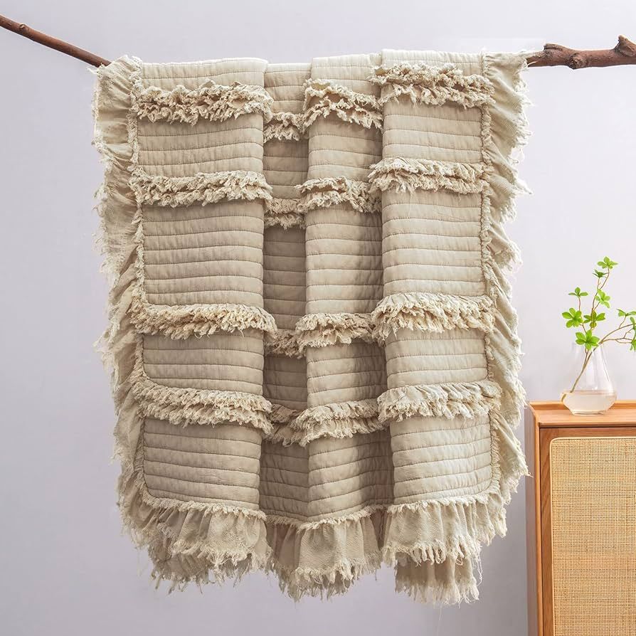 Ultra Soft Pre-Washed Quilted Boho Throw Blanket, Ruffle Fringed Beige Decorative Throw, Stone Wa... | Amazon (US)