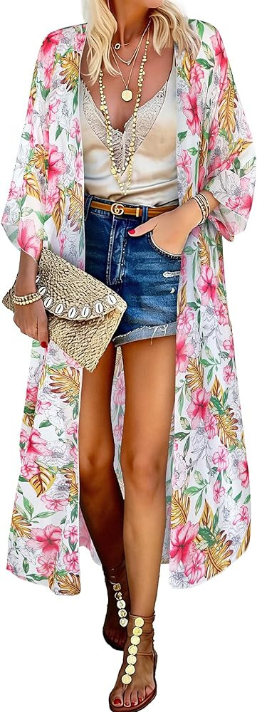 MayBuy Women's Summer Long Flowy Kimono Cardigans Boho Chiffon Beach Cover Up Tops | Amazon (US)