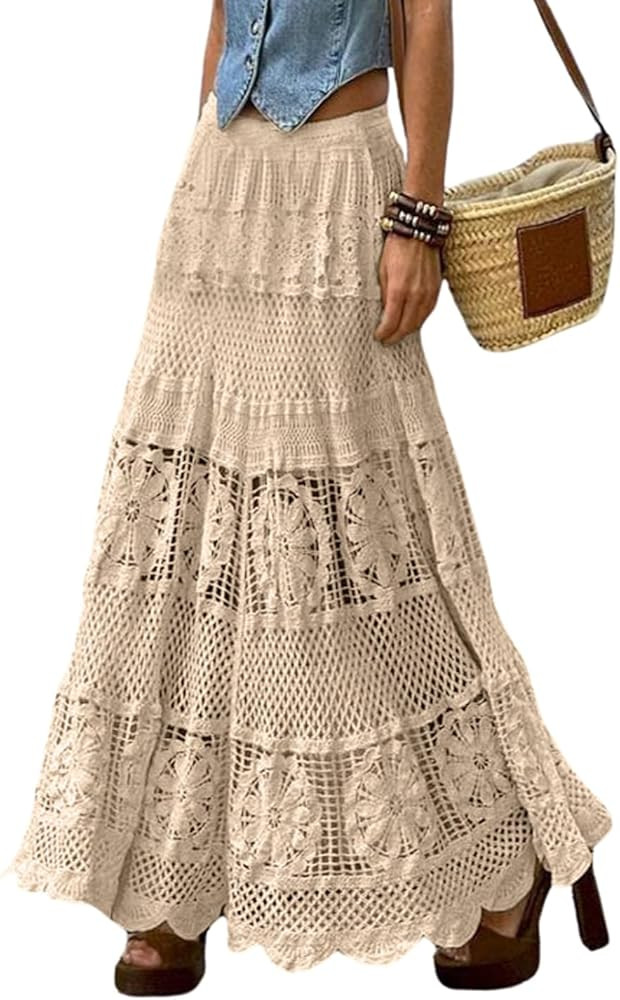 chouyatou Women's Western Floral Lace Crochet Knit Maxi Boho Skirt A-Line Eyelet Hippie Flowy Lon... | Amazon (US)