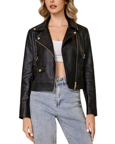 WYOYW Faux Leather Jacket For Women PU Cropped Moto Biker Coat Zip Up Slim Motorcycle Jacket Black S | Amazon (US)