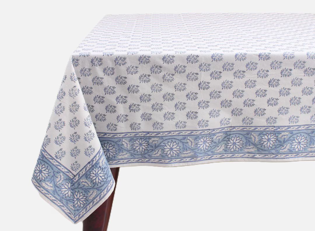 Tablecloth, Sky and Beau Blue Indian Hand Block Floral Printed Cotton Table Cover, Table Top, Fre... | Etsy (US)