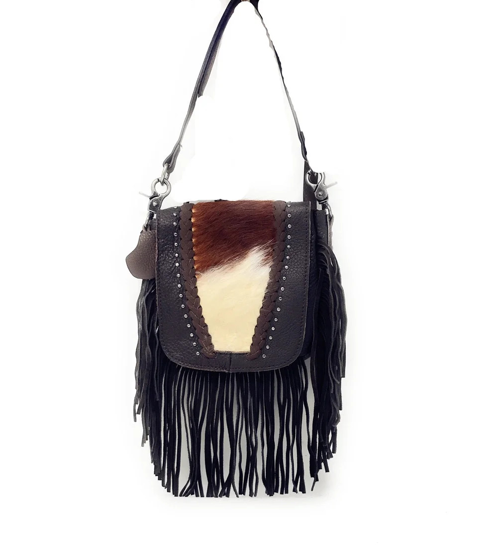 Western Genuine Leather Cowhide Fur Fringe Floral Tooled Women's Crossbody Bag | Walmart (US)