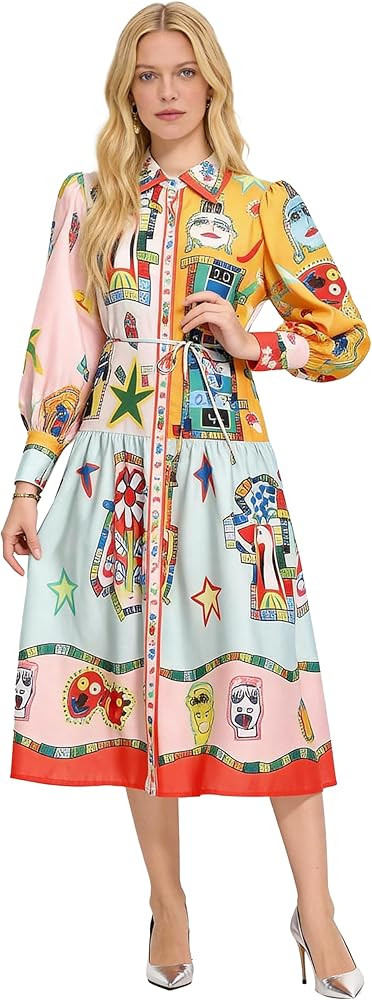 LAI MENG FIVE CATS Women's Floral Print Long Sleeve Flowy Casual Button Up Maxi Dress with Belt | Amazon (US)