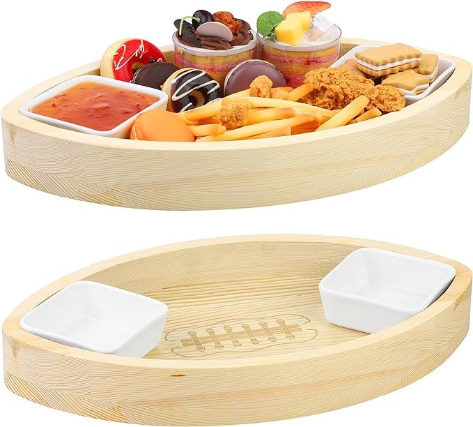 Aodaer 2 Set Large Football Serving Trays Wooden Football Shaped Platters Includes 4 Dip Trays 2 ... | Amazon (US)
