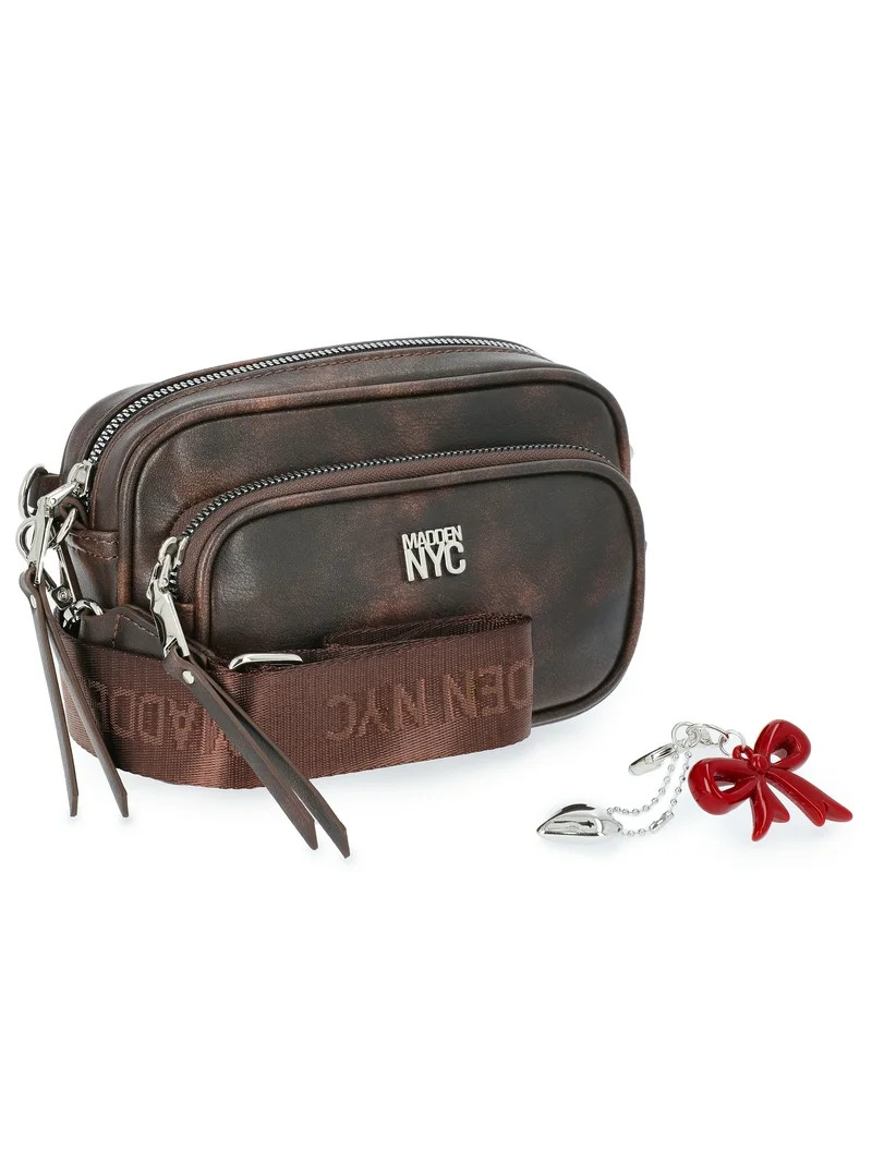Madden NYC Women's Faux Leather Camera Handbag with Charm Keychain, Weathered Brown | Walmart (US)