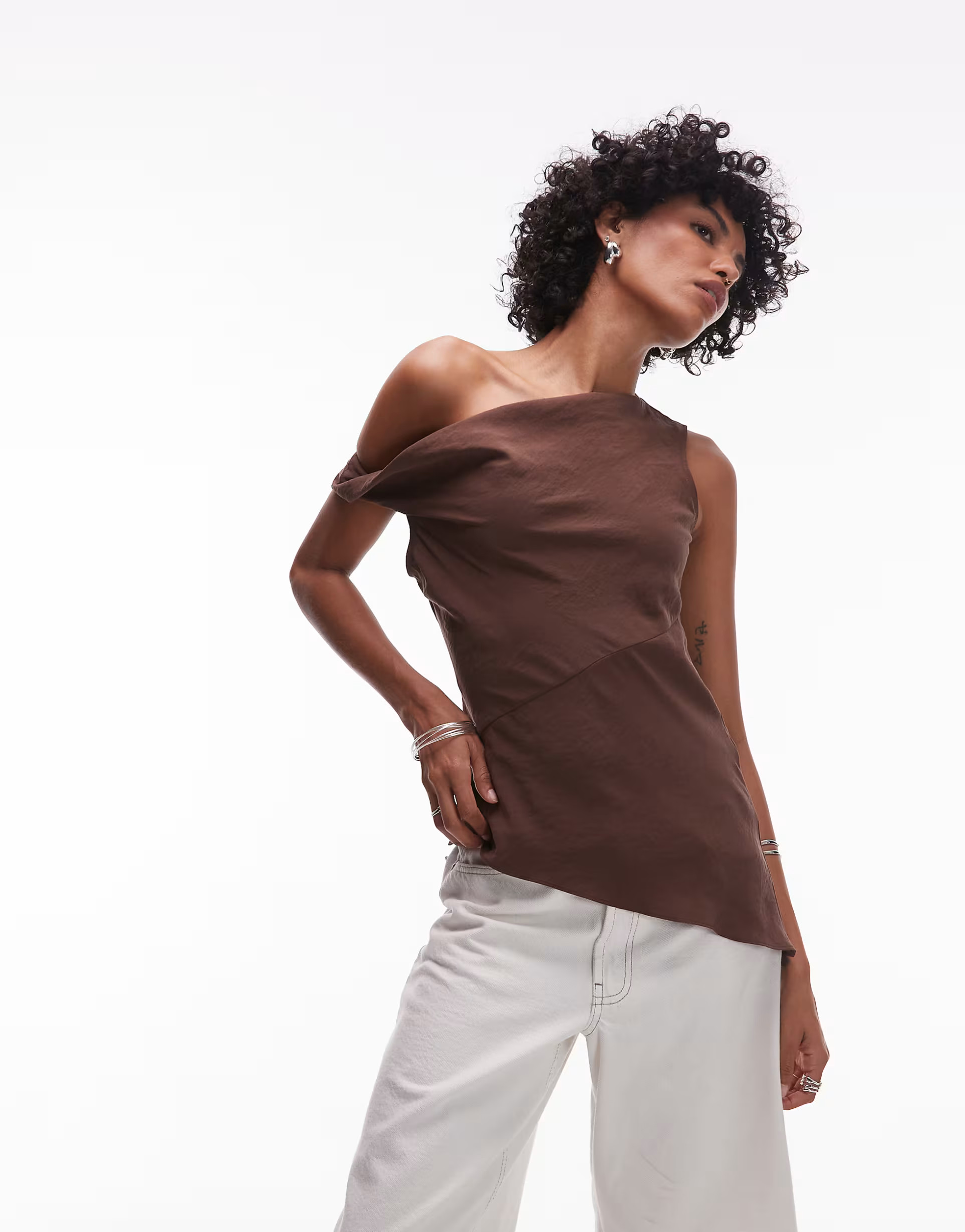 Topshop super soft cupro twist detail assymetric top in brown | ASOS | ASOS (Global)