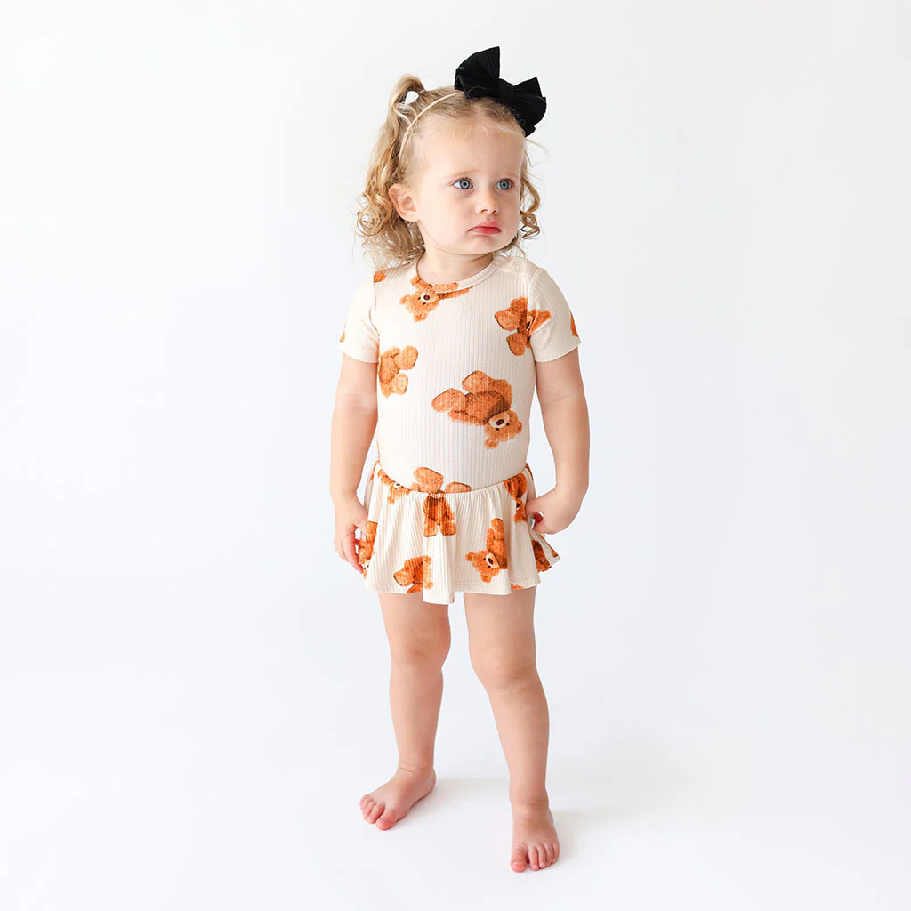 Teddy Bear Beige Baby Girl Twirl Skirt Bodysuit | Freddy Teddy | Posh Peanut