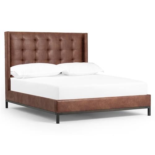 Nyla Modern Tufted Brown Faux Leather High Headboard Platform Bed - Queen | Kathy Kuo Home