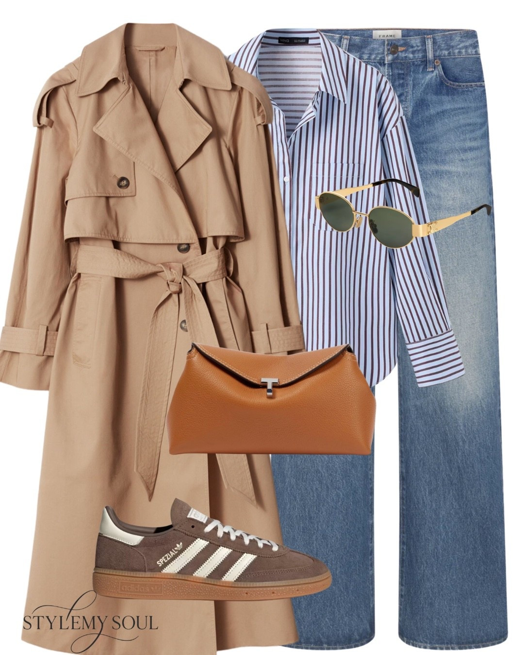 Trench coat, jeans, striped shirt, adidas, camel bag, toteme

#LTKautumn #LTKmidsize #LTKworkwear