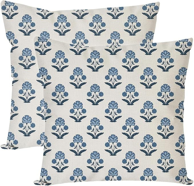 PANDICORN Floral Throw Pillow Covers 18x18 Inch Set of 2 Blue and White Flower Vintage Outdoor Sp... | Amazon (US)