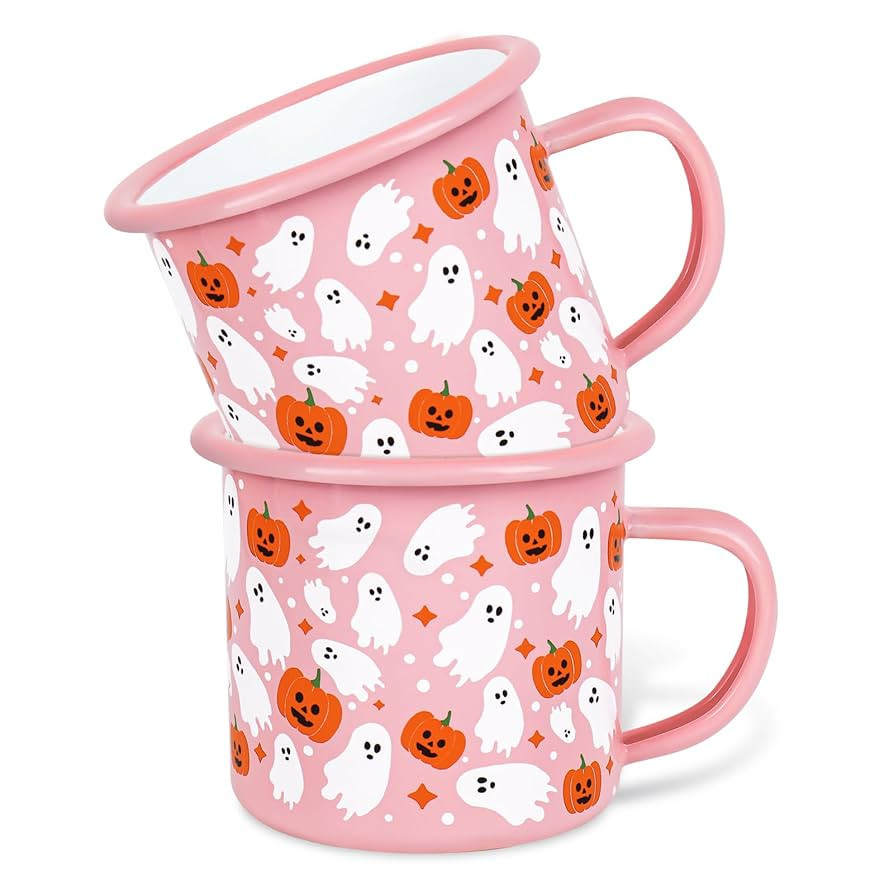 2 Pcs Halloween Coffee Mug Boo Ghost Pumpkin Enamel Cups with Handle Pink Drinking Mugs for Birth... | Amazon (US)