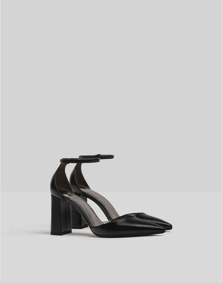 Bershka pointed toe heels with ankle strap in black | ASOS (Global)