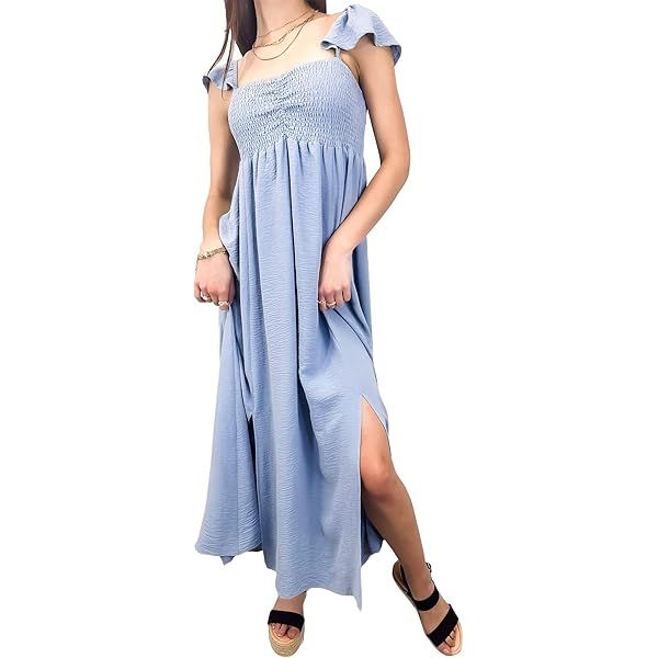 Anna-Kaci Ruffled Cap Sleeve Smocked Ruche Bodice Front Slit Maxi Long Beach Vacation Dress | Amazon (US)