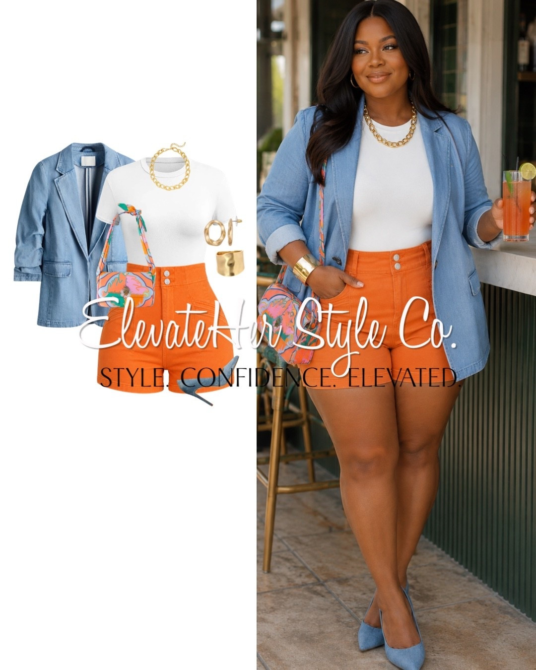 Style Tip: Bright colors look their best when paired with timeless basics. A crisp white top and chambray blazer let the orange shorts stand out, while a colorful bag ties everything together. It’s an easy formula for adding color without feeling overdone.

Shop this look on my LTK, then take your style beyond the outfit. Start your ElevateHer Style Journey and learn how to create outfits that fit your body, lifestyle, and confidence. Link in bio.