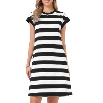 INSPIRE CHIC Women's Striped Crew Neck Cap Sleeve Color Block Casual Summer Shift Mini Dresses Large Black and White | Target