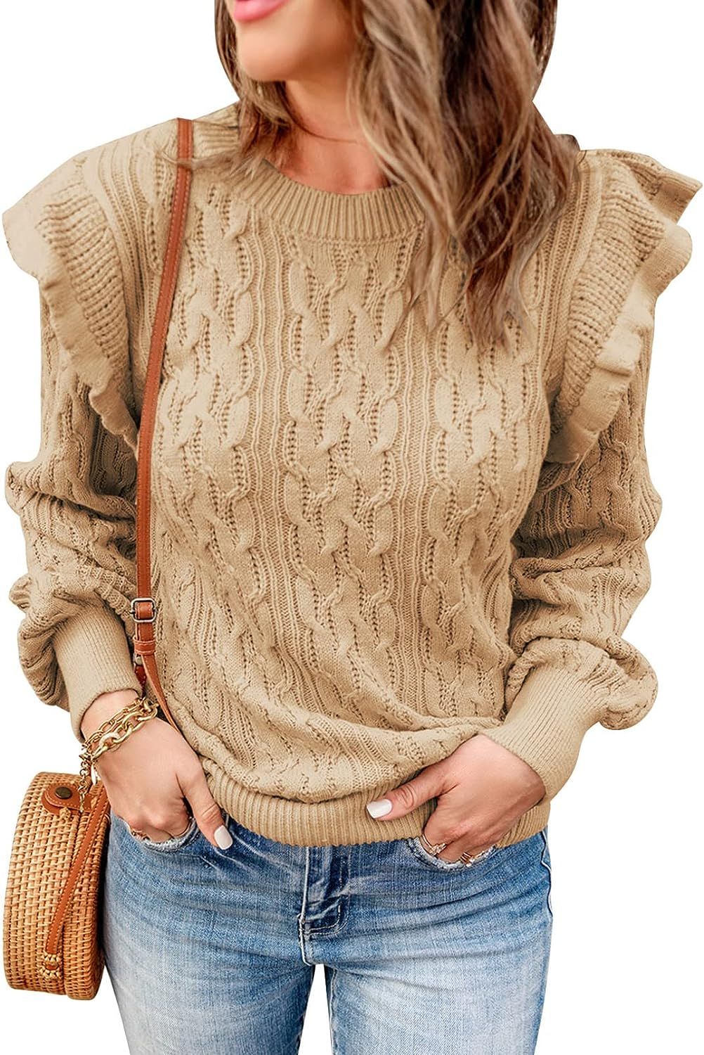 EVALESS Womens Crewneck Sweaters Textured Ruffled Pullover Loose Chunky Knit Jumper Sweater Tops | Amazon (US)