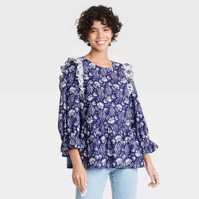 Women's Puff 3/4 Sleeve Embroidered Ruffle Top - Universal Thread™ | Target